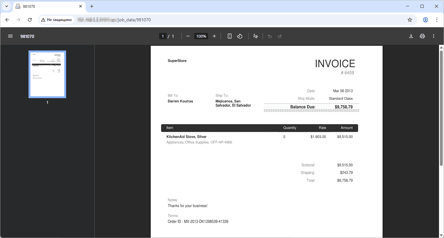 Saved printed document preview in O&K Print Watch Linux