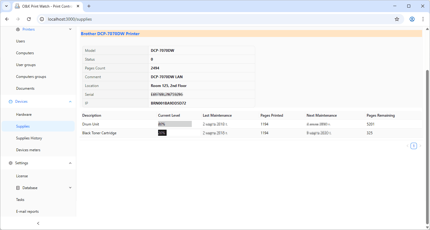 Printer supplies monitoring screen showing current toner status, printed pages, and estimated remaining pages in O&K Print Watch