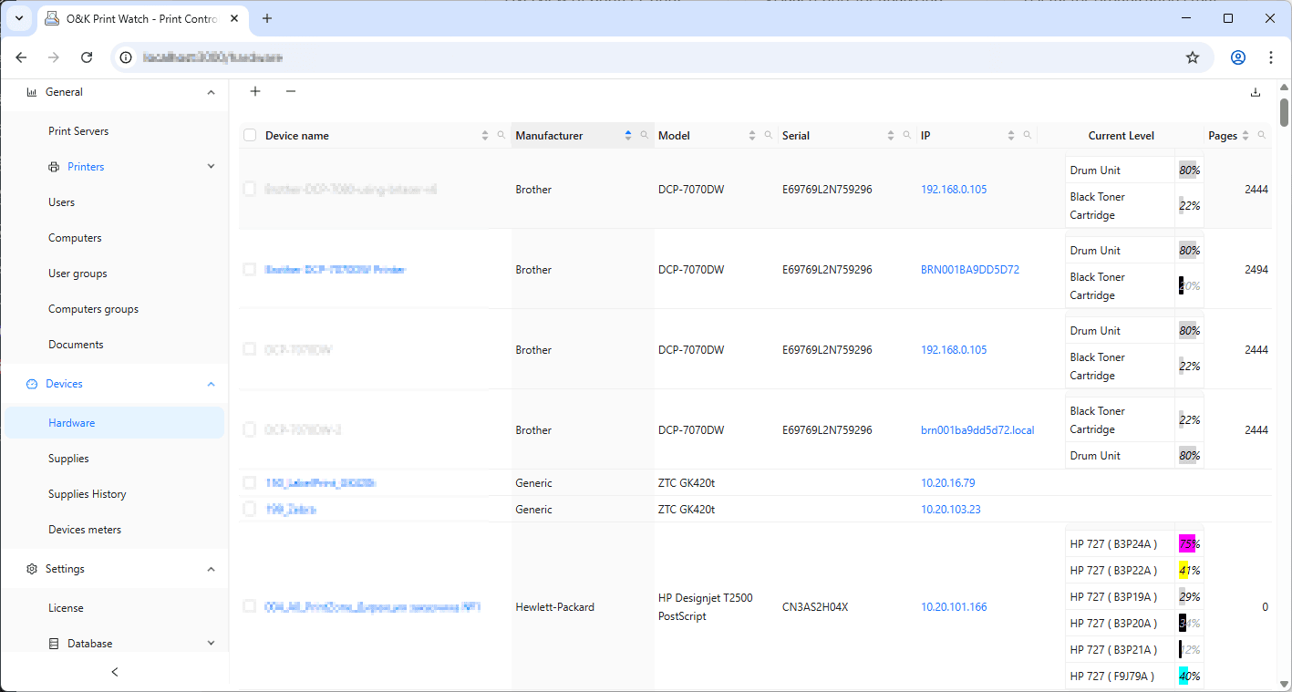Printer supplies status screen showing toner, cartridge, and consumables levels in O&K Print Watch