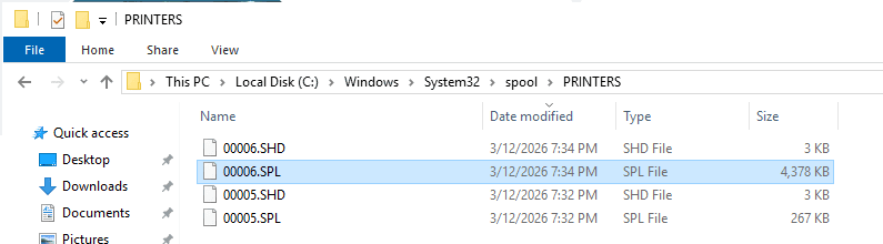 Windows printer spool folder containing SPL and SHD files