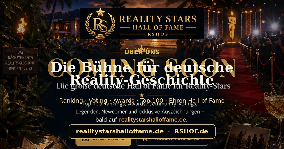 Reality Stars Hall of Fame Über uns Artikelbild mit Strand, rotem Teppich, Fotografen und RSHOF Logo