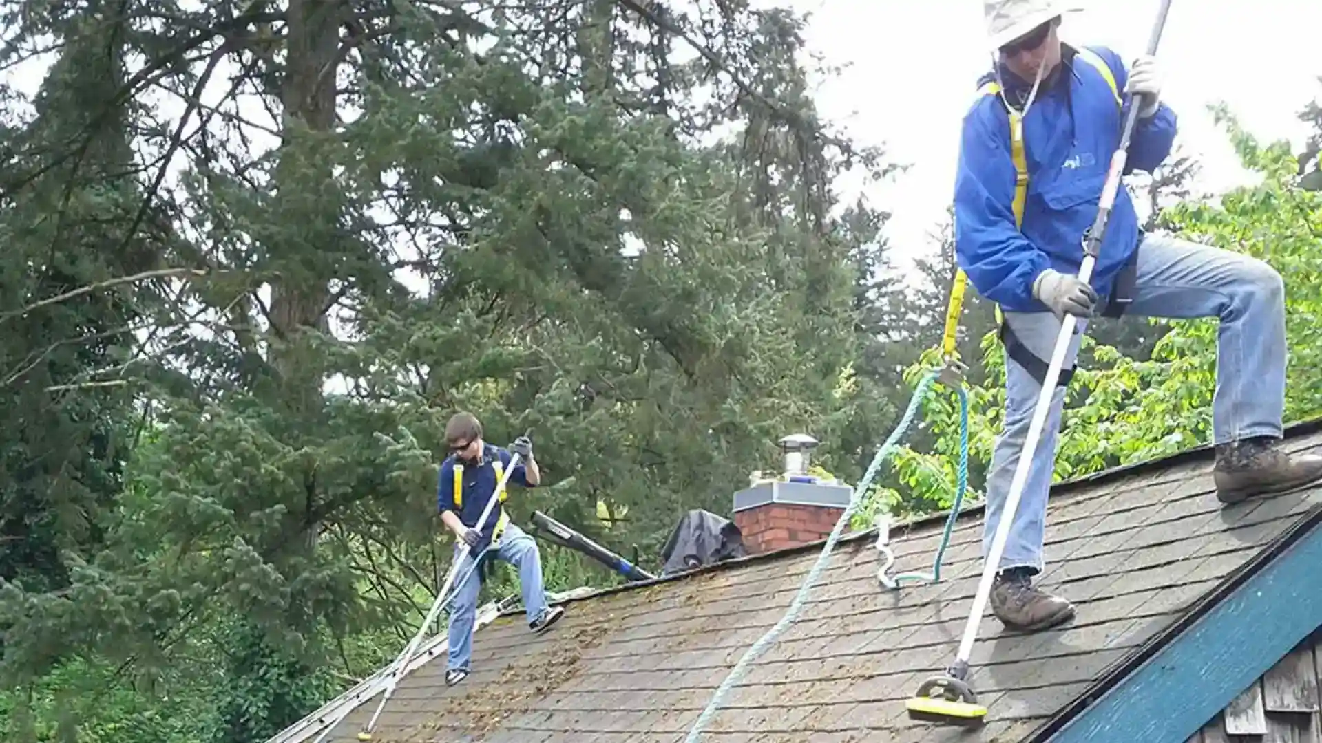 Roof cleaning professionals working on roof