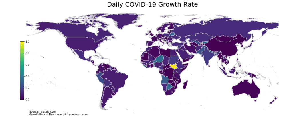 Geographic heat map showing COVID-19 growth rates in different countries of the world. In this Python tutorial we will create similar maps.