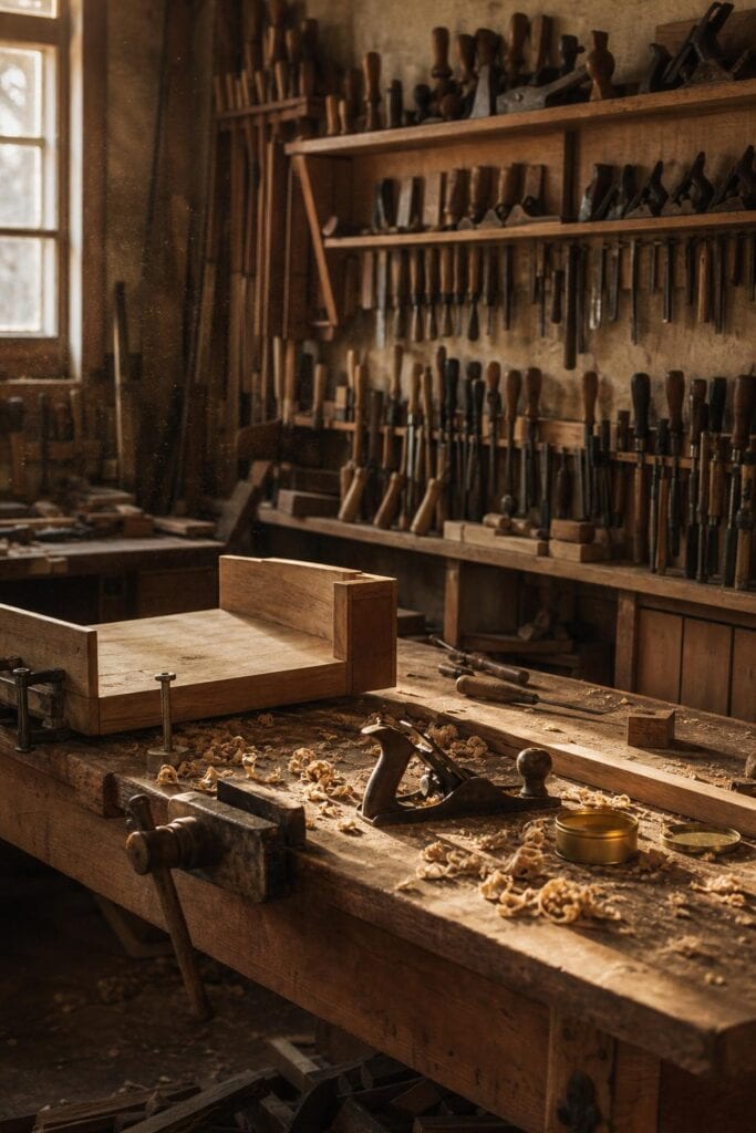Établi d’ébéniste dans un atelier chaleureux, outils à main alignés au mur