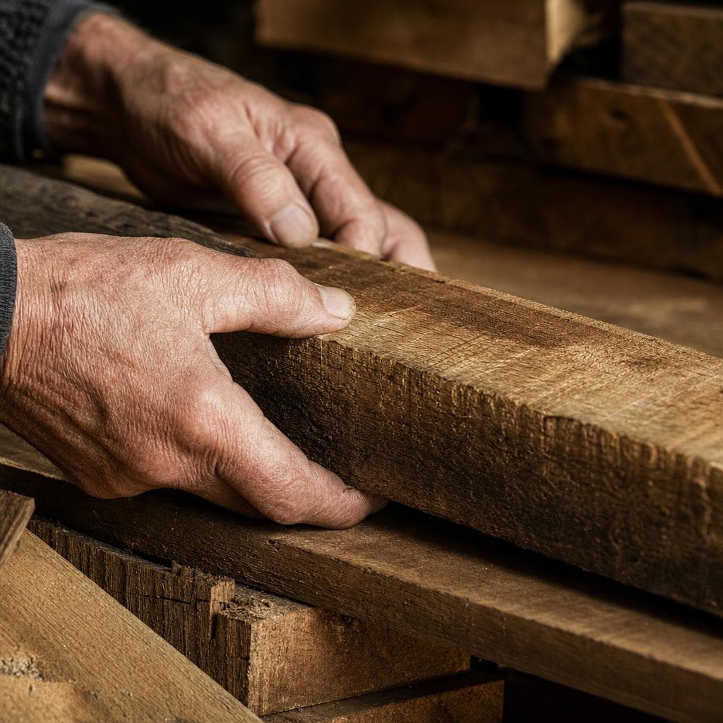Des mains choisissent une planche de chêne brut
