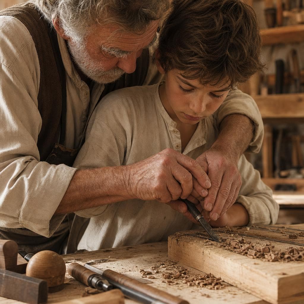 Les mains d’un ébéniste guident celles d’un apprenti