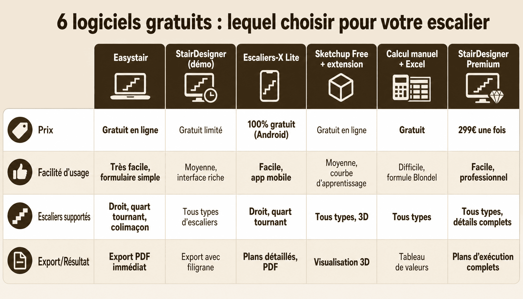 Comparaison de 6 logiciels calcul escalier gratuit : prix, facilité, fonctionnalités pour débutants