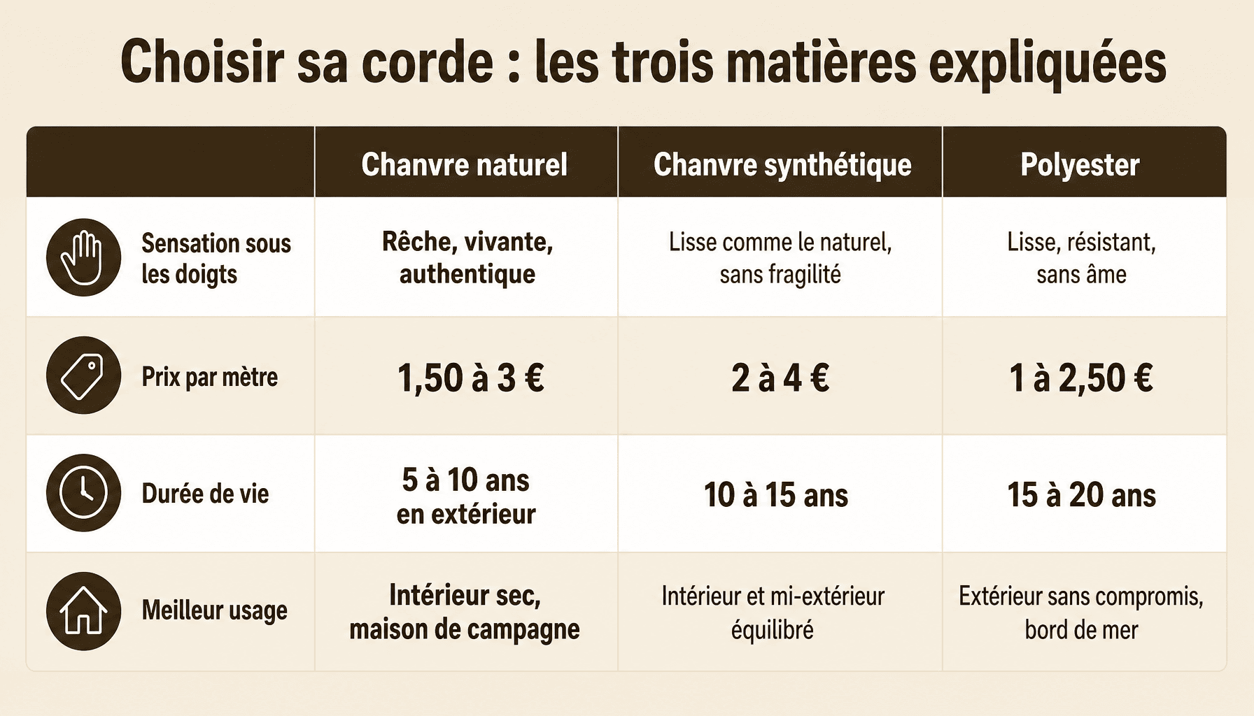 Comparaison des trois types de corde pour rampe escalier en corde : chanvre naturel, chanvre synthétique et polyester