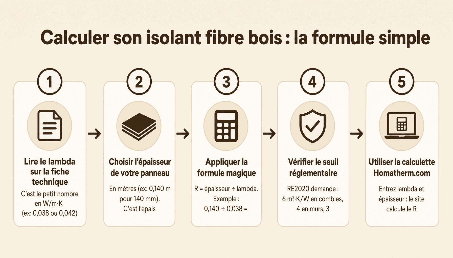 Infographie calcul isolant fibre bois Homatherm.com : 5 étapes pour trouver l'épaisseur juste avec la formule R = e ÷ λ