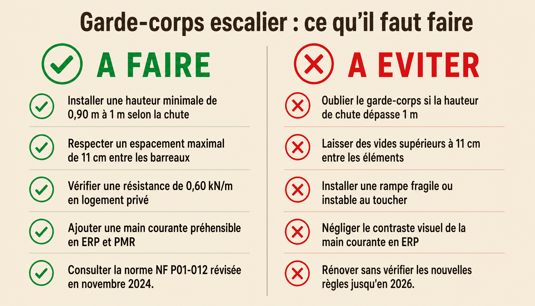 Infographie norme garde corps escalier : bonnes et mauvaises pratiques de sécurité