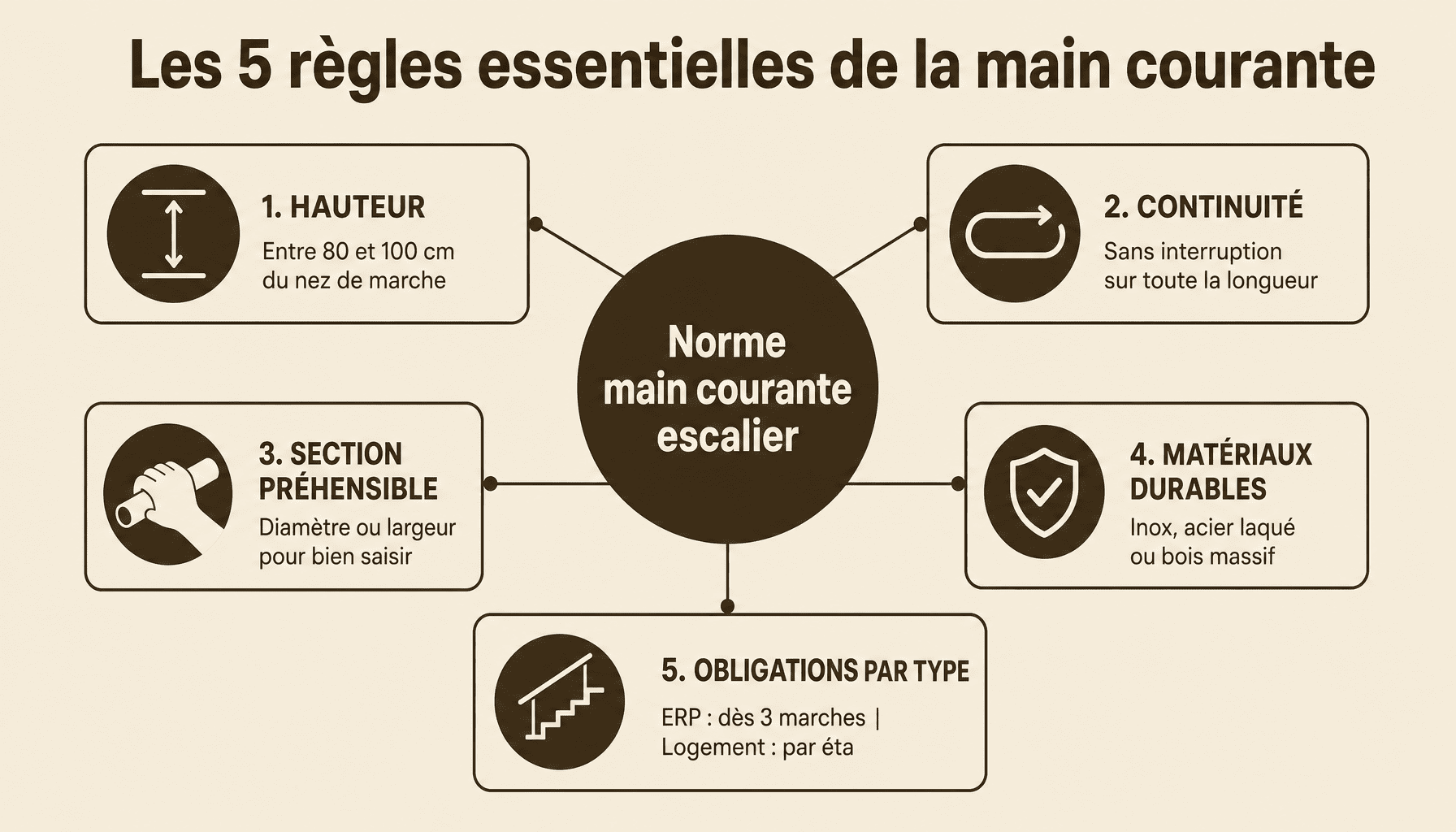 Infographie norme main courante escalier : hauteur, continuité, matériaux et obligations PMR/ERP