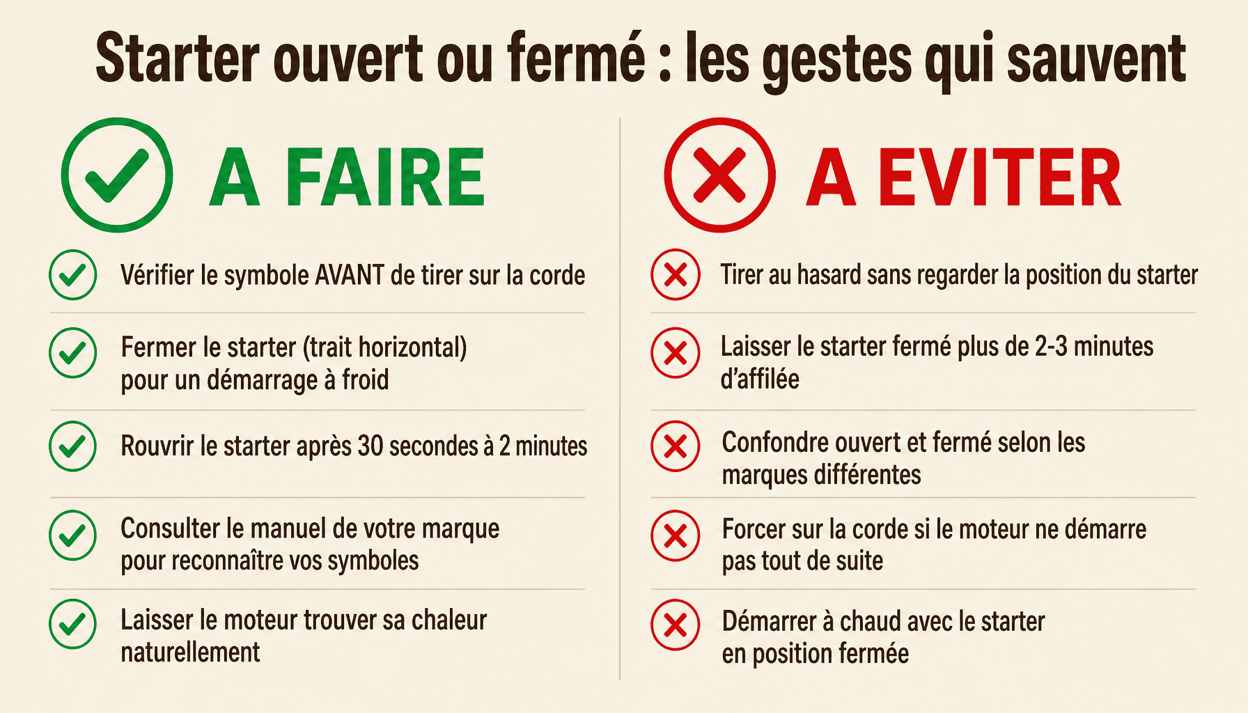 Infographie symbole starter ouvert ou fermé : bonnes pratiques et erreurs à éviter pour démarrer sa tondeuse
