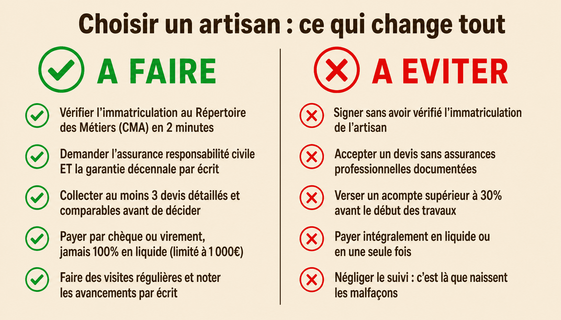 Infographie artisanat-faq.fr : vérifications essentielles pour choisir un artisan fiable avant de signer
