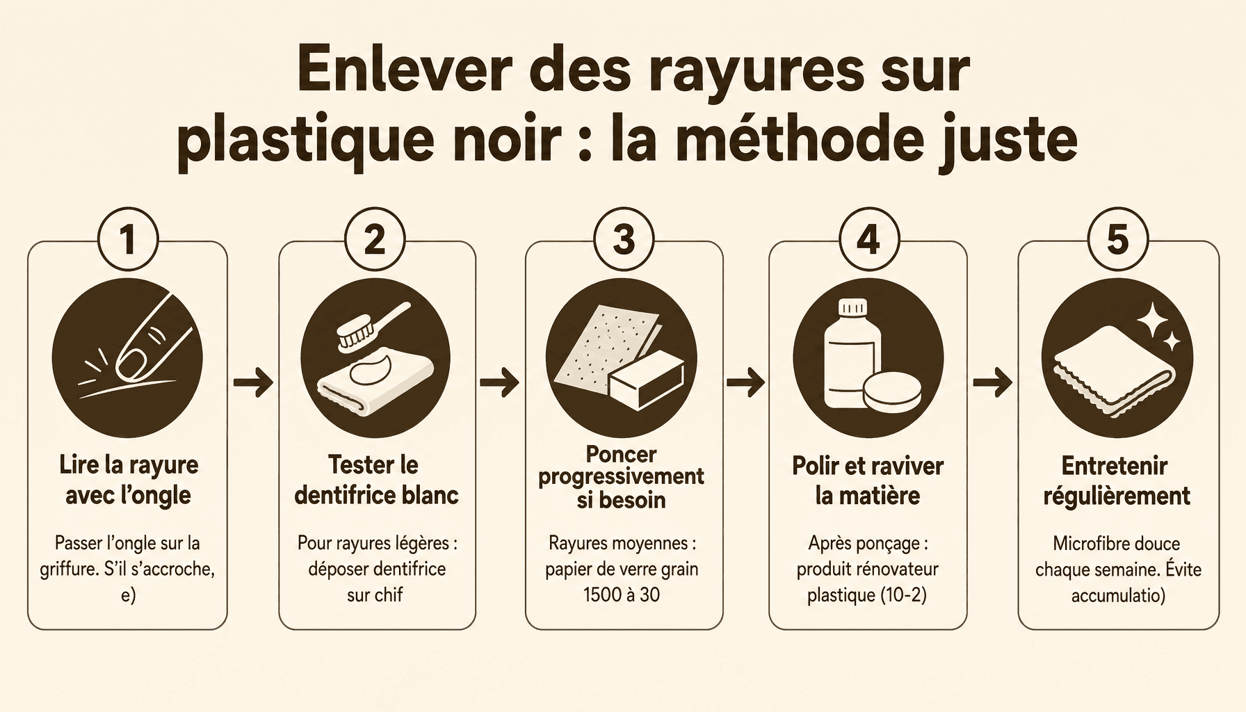 Comment enlever des rayures sur du plastique noir en 5 étapes : identifier, tester, poncer, polir, protéger
