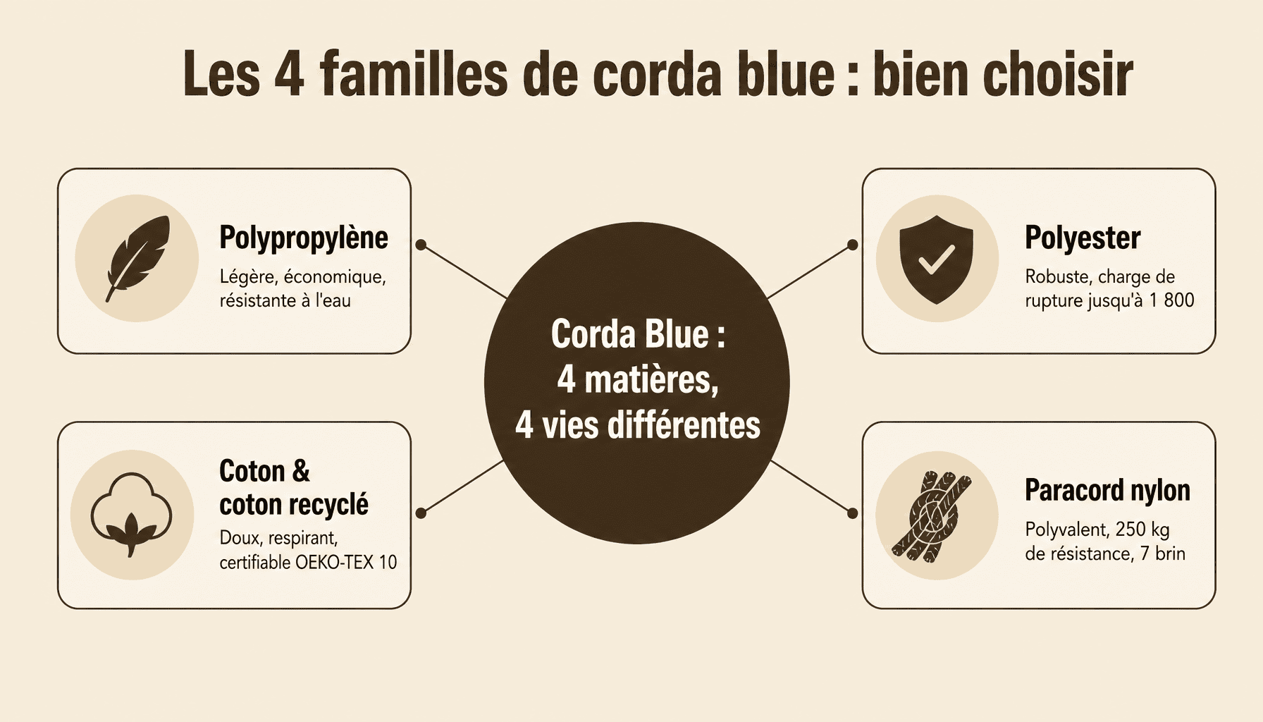 Infographie : décomposition des 4 types de corda blue (polypropylène, polyester, coton, paracord) avec usages et prix