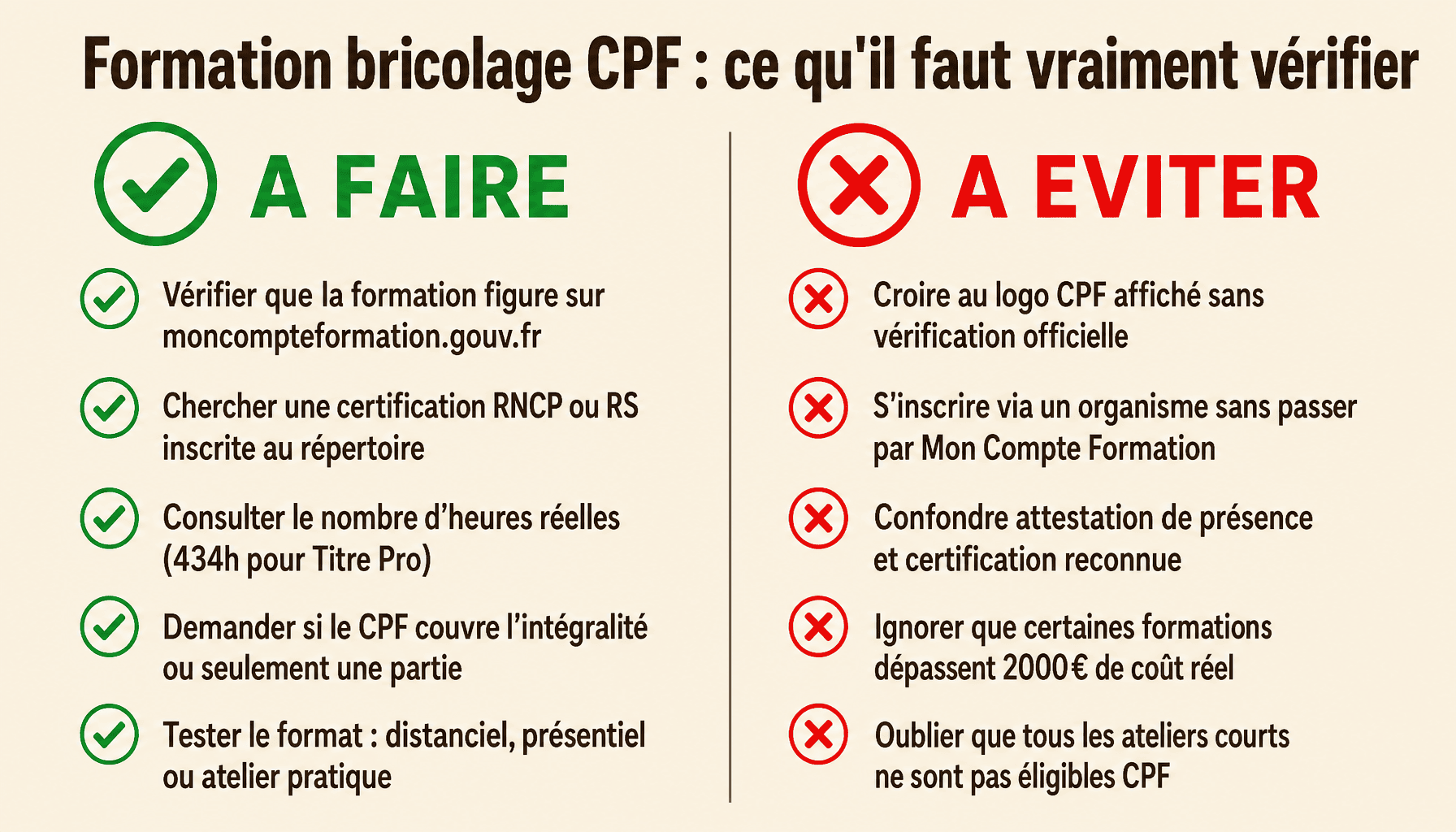 Infographie expertdubricolage formation bricolage CPF : checklist à faire et à éviter pour bien choisir