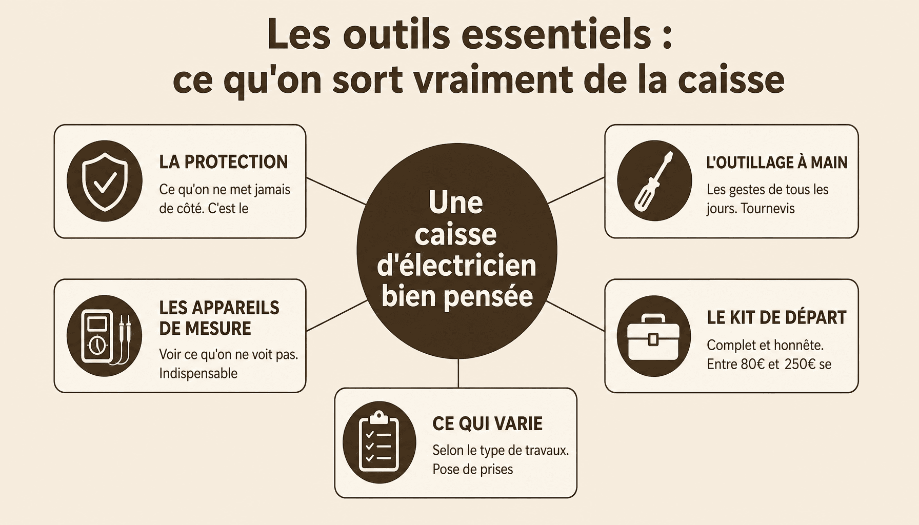 Infographie liste outils mon-club-elec.fr : protection, outillage à main, appareils de mesure pour électricien débutant