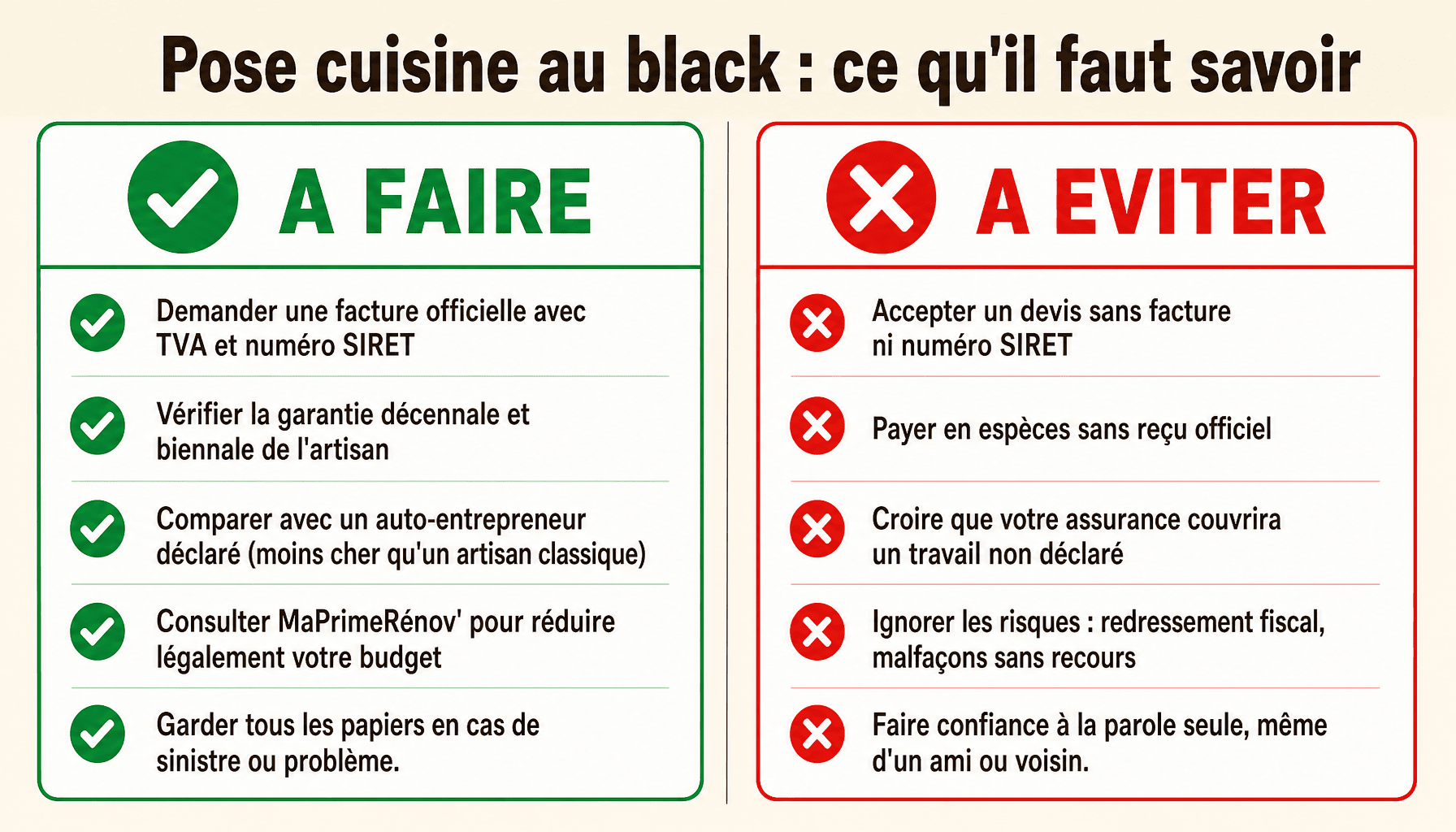 Infographie prix pose cuisine au black : risques légaux, garanties et alternatives légales
