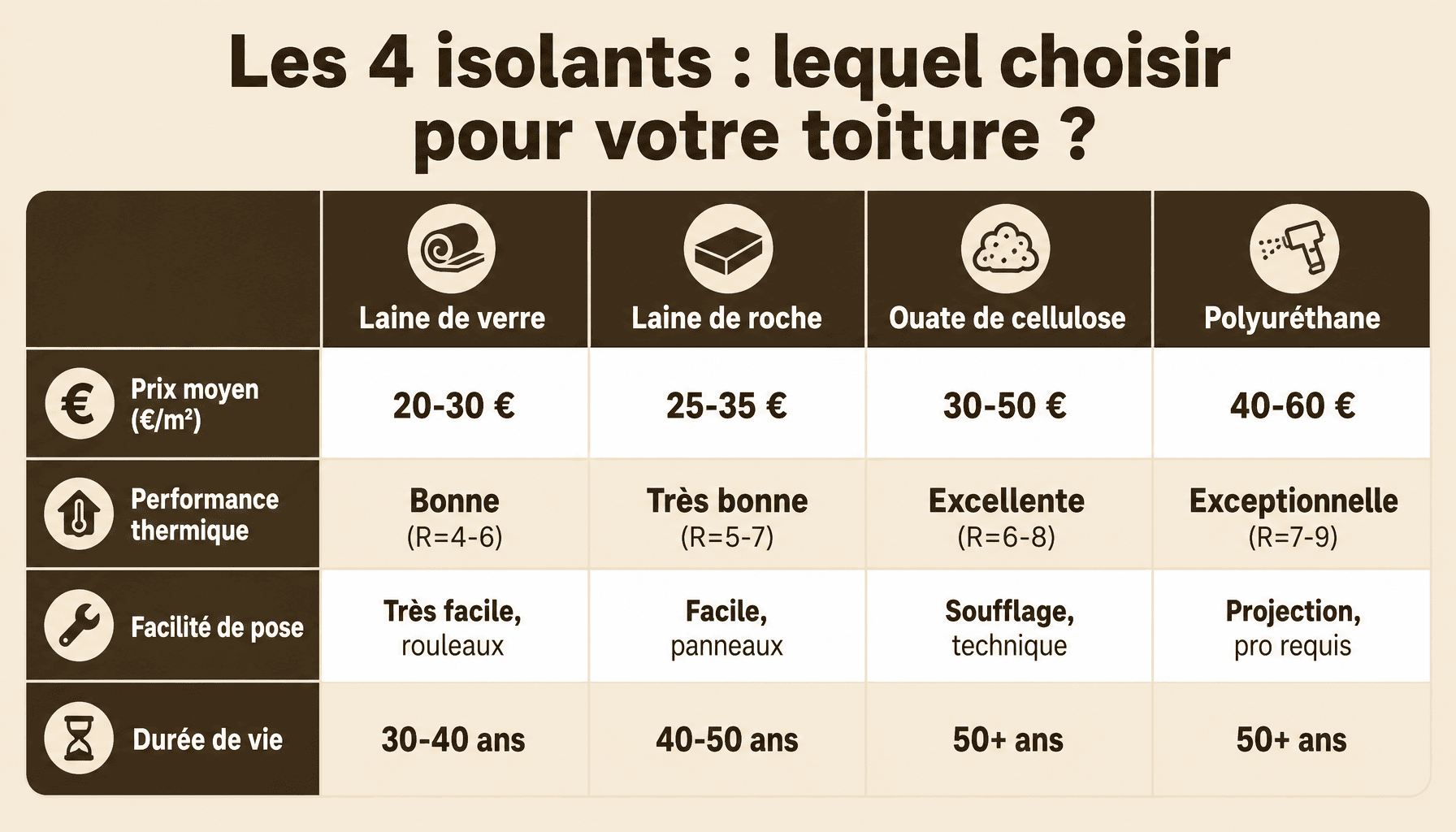 Comparaison des matériaux d'isolation toiture par l'intérieur : laine de verre, laine de roche, ouate de cellulose, polyuréthane