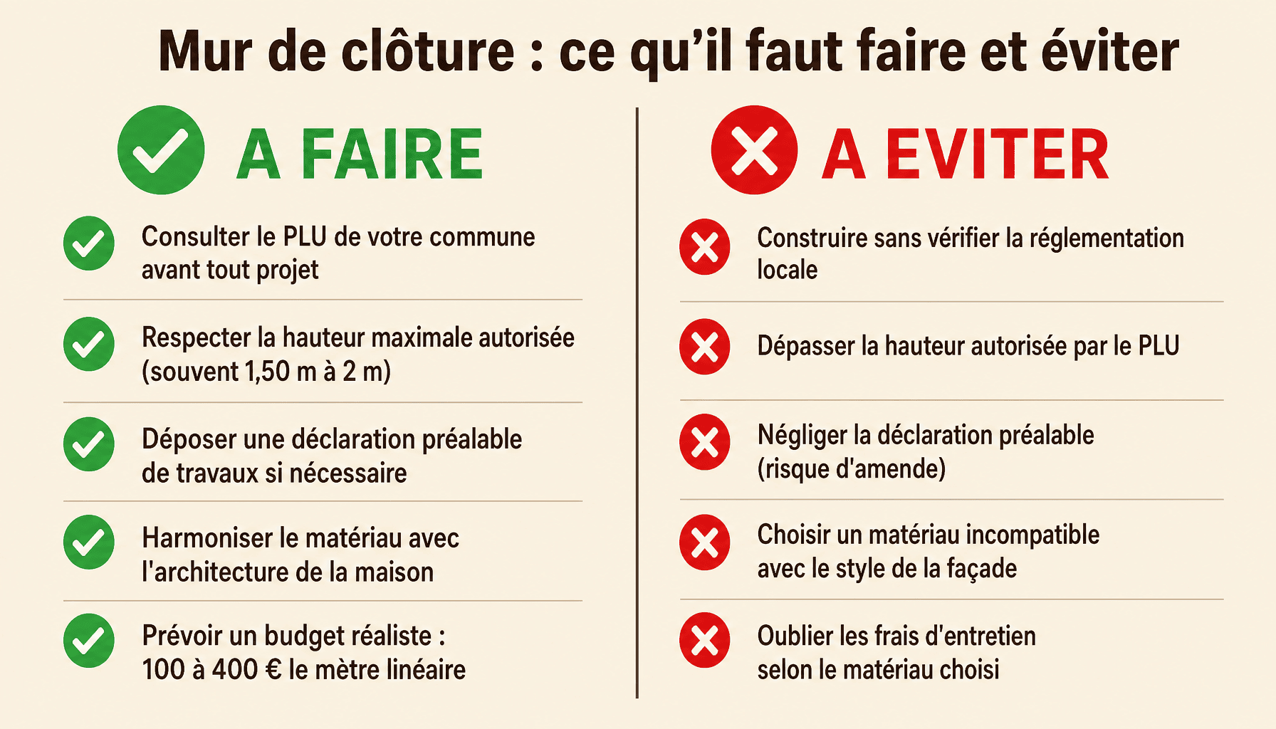 Infographie mur de clôture devant maison : bonnes pratiques et erreurs à éviter pour la réglementation et le design
