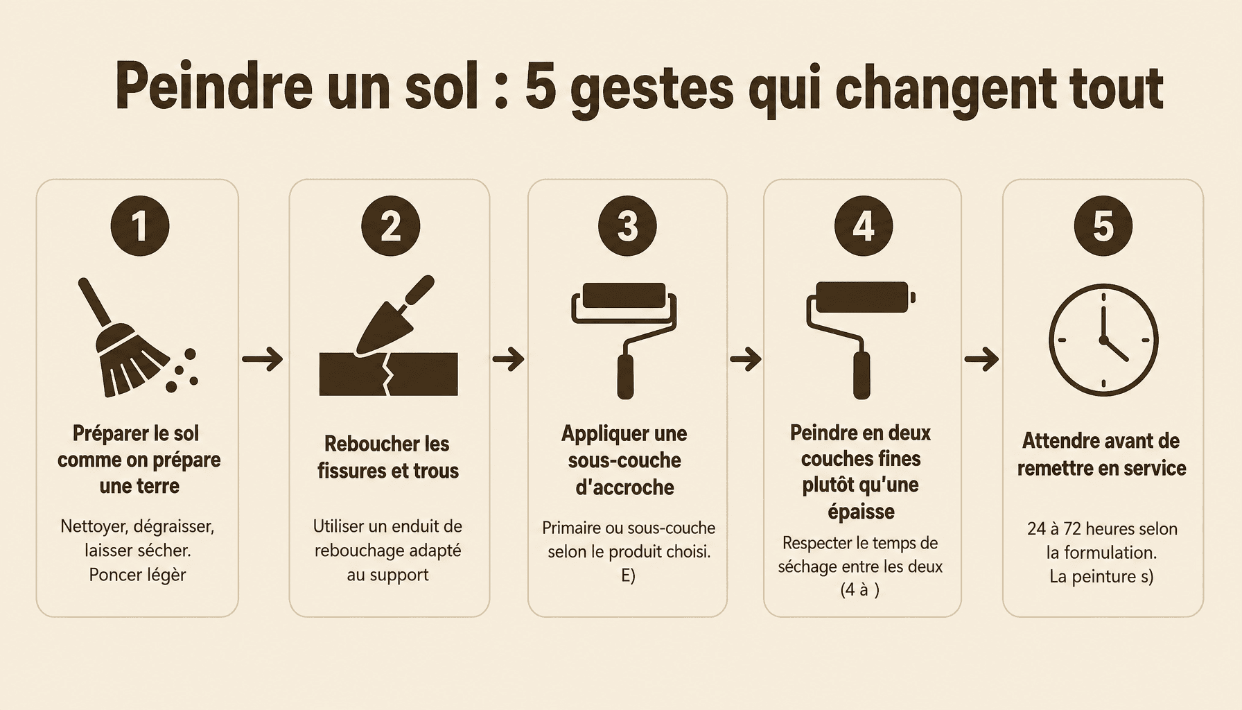 Les 5 étapes pour bien peindre au sol : préparation, sous-couche, application, séchage