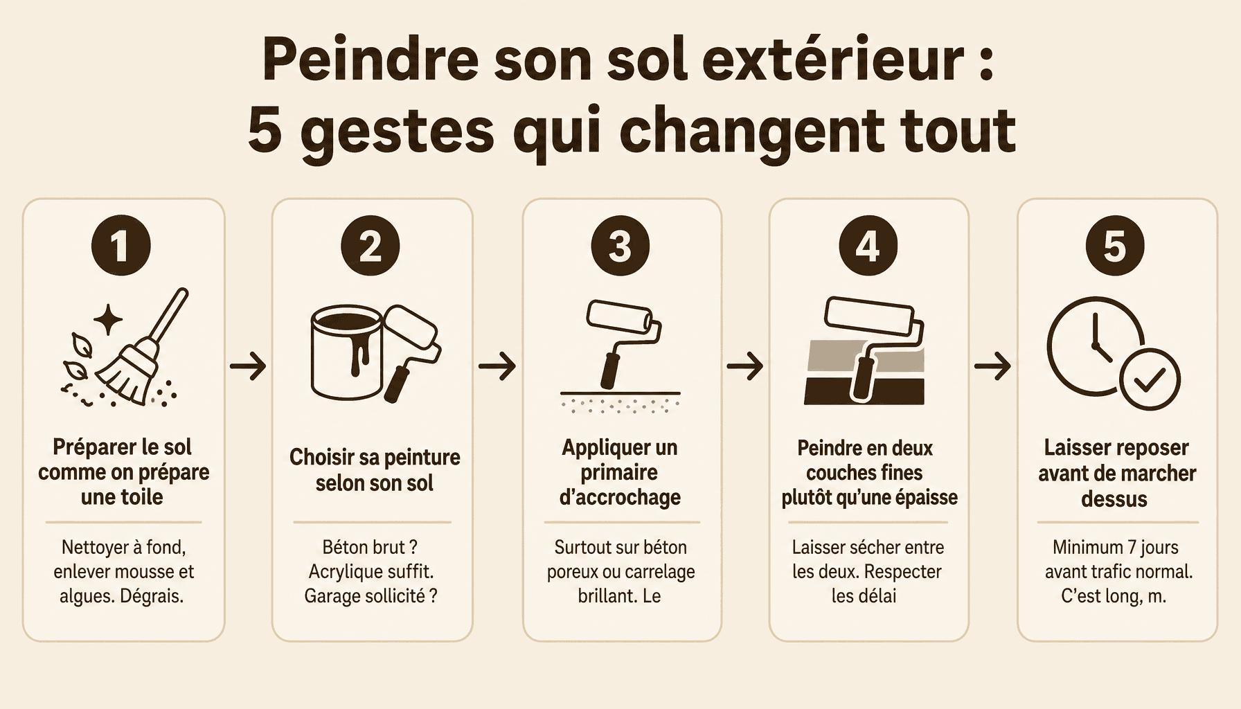 Infographie 5 étapes pour appliquer une peinture sol extérieur : préparation, primaire, application, séchage, finition
