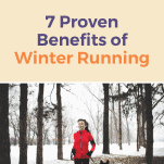 female running in wintry woods with her dog