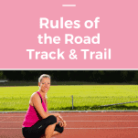 female runner kneeling on track and using etiquette