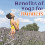 female runner practicing yoga in field of flowers
