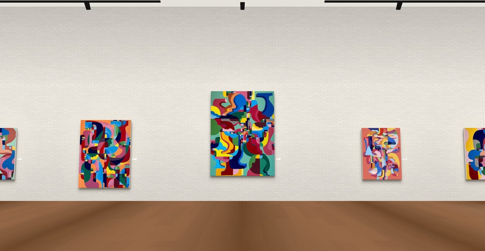 The far wall of Paintings in the white brick loft
