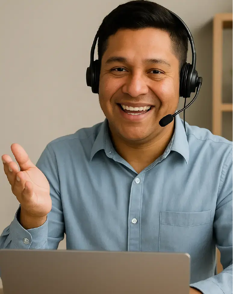 Asesor de soporte en línea de Soluciones BAMA ofreciendo asistencia remota con auriculares