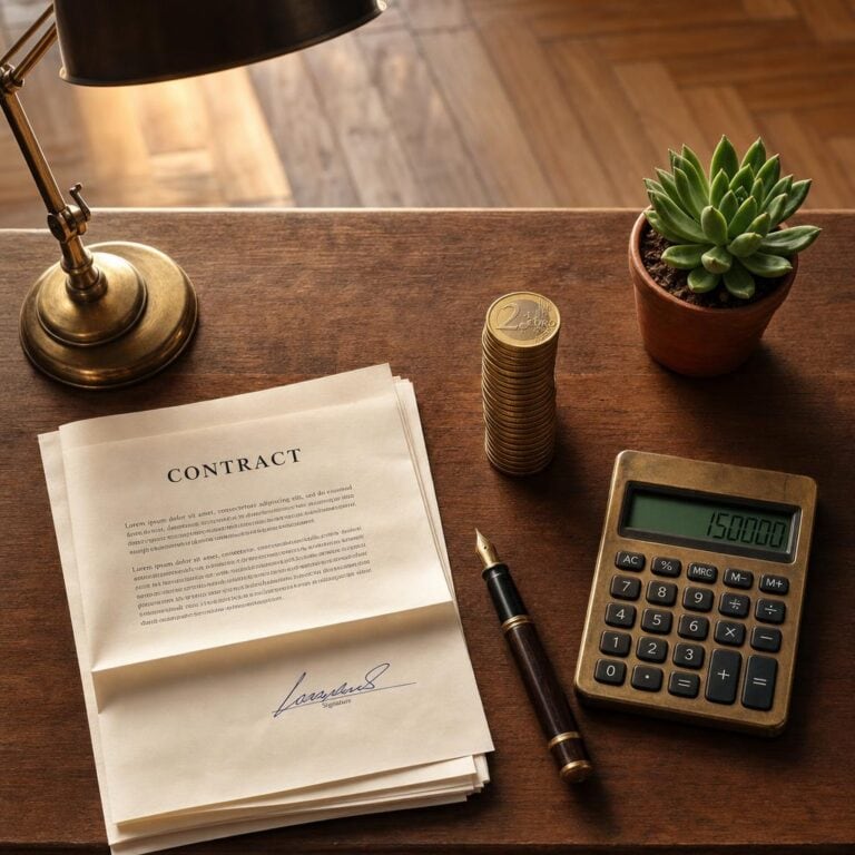 Bureau bois avec pile de pièces euro, calculatrice, plante verte, lampe d'atelier
