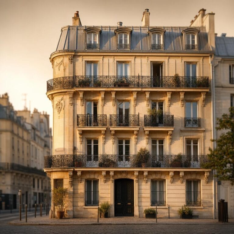 Façade d'immeuble Haussmannien français, balcons fer forgé, lumière dorée