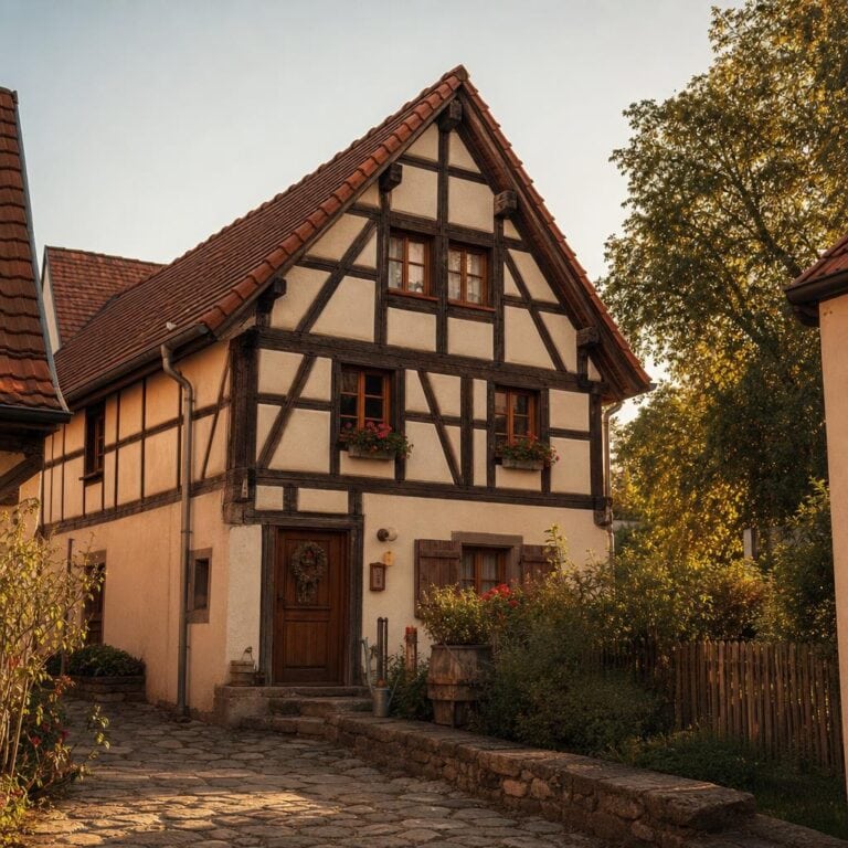 Maison alsacienne à colombages au coucher du soleil, jardin fleuri