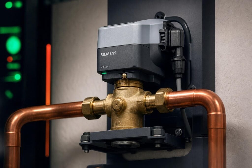 Vanne Siemens VXG44 filetée dans installation CVC