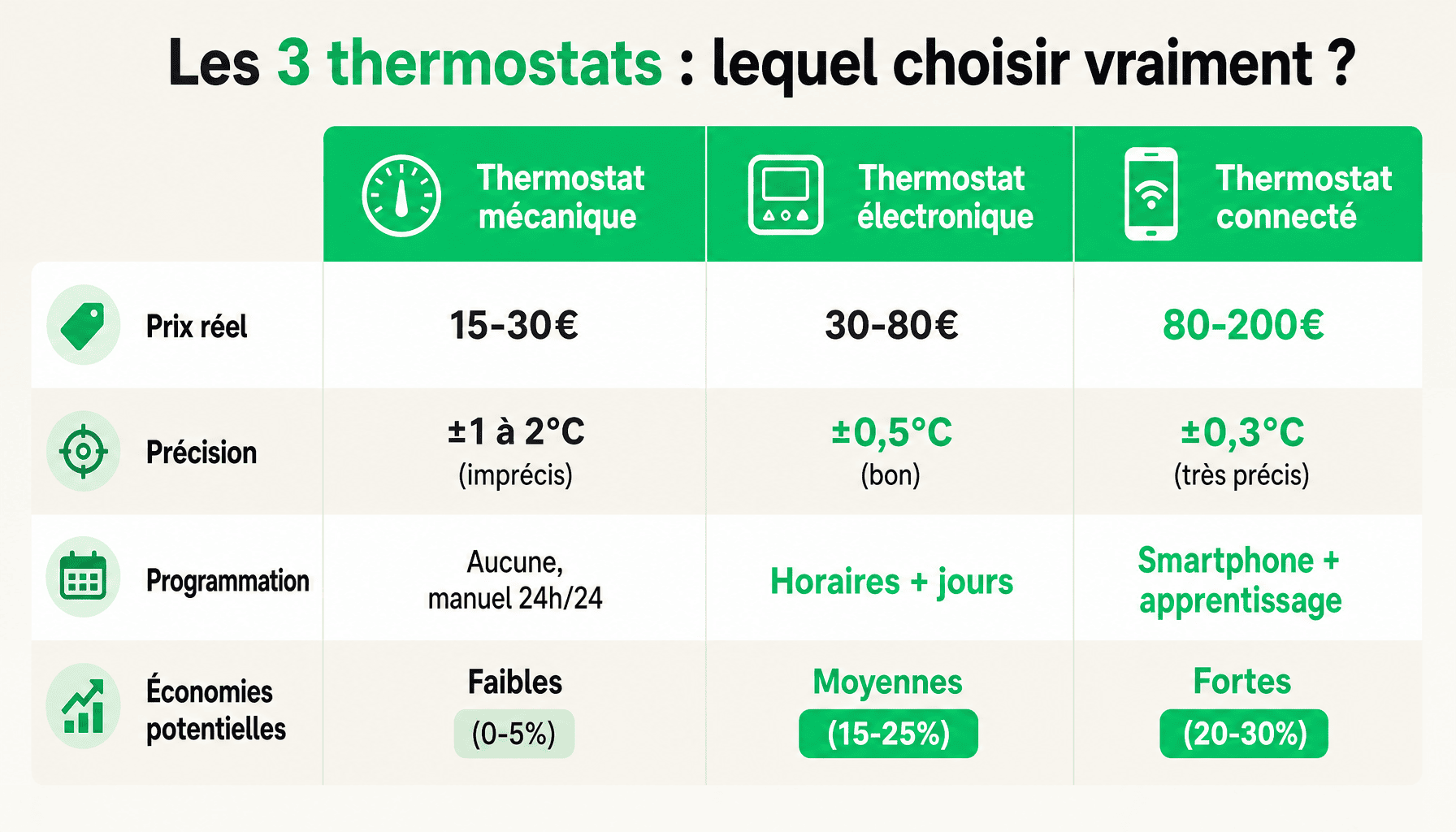 Comparaison des trois types de thermostats de chauffage : mécanique, électronique programmable et connecté pour régler un thermostat de chauffage efficacement