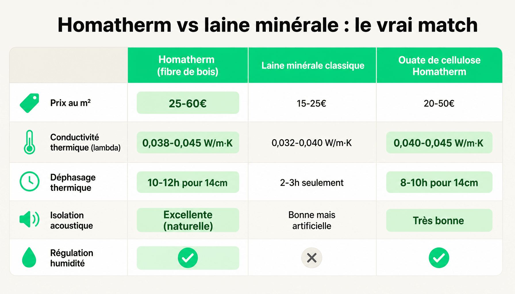 Comparaison isolants Homatherm fibre de bois vs laine minérale : prix, performance thermique, acoustique et durabilité