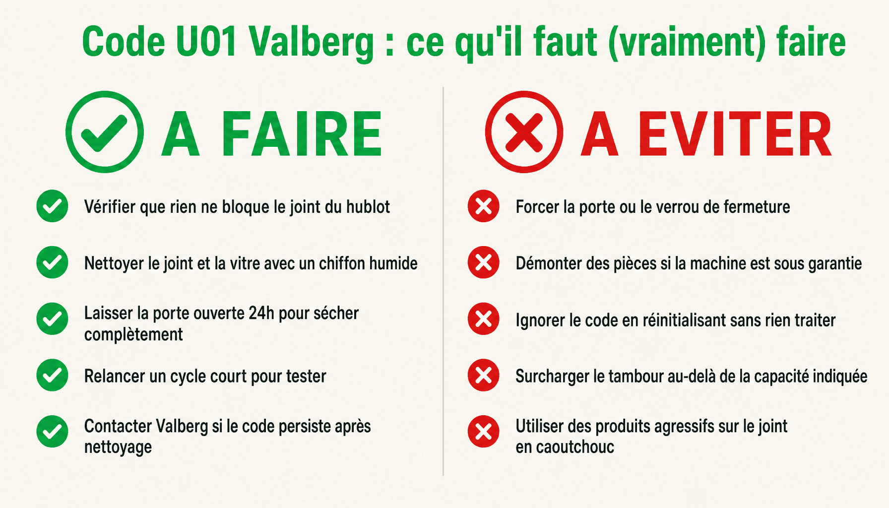 Infographie code erreur u01 lave-linge valberg : à faire et à éviter pour résoudre le problème de porte