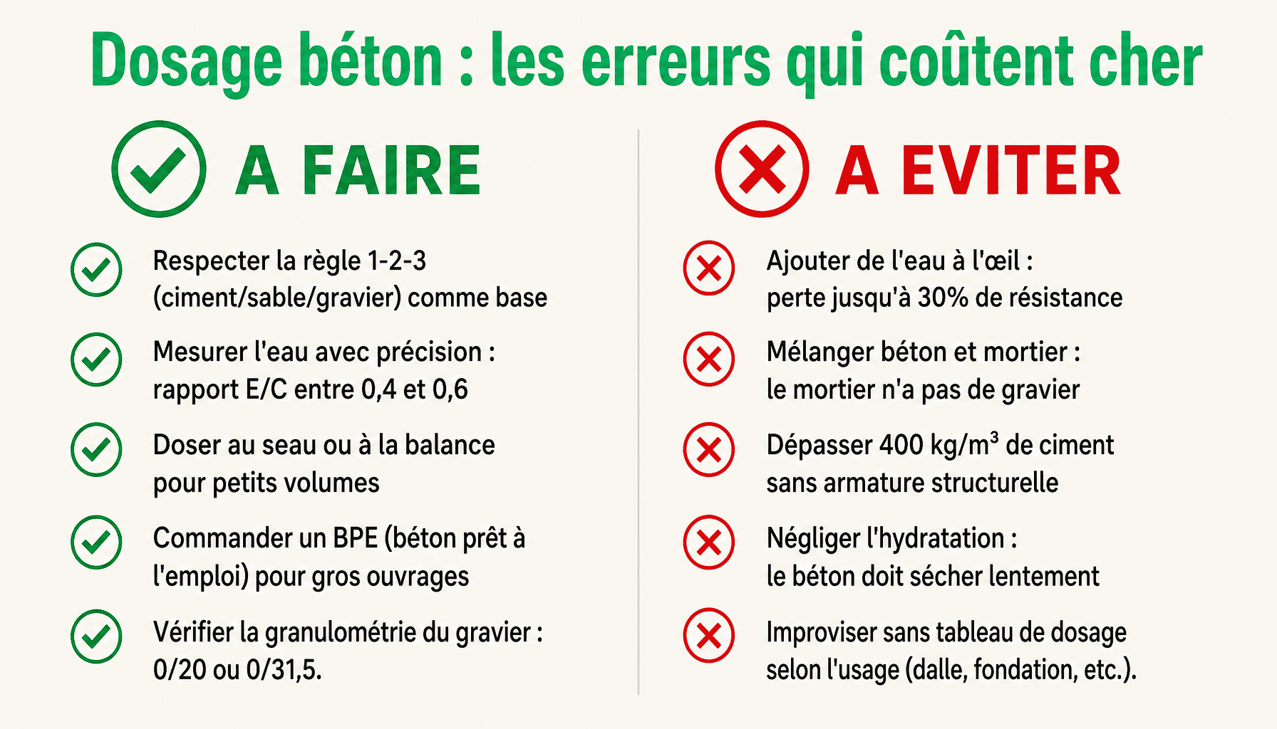 Infographie dosage béton : à faire et à éviter pour un béton solide sans fissures