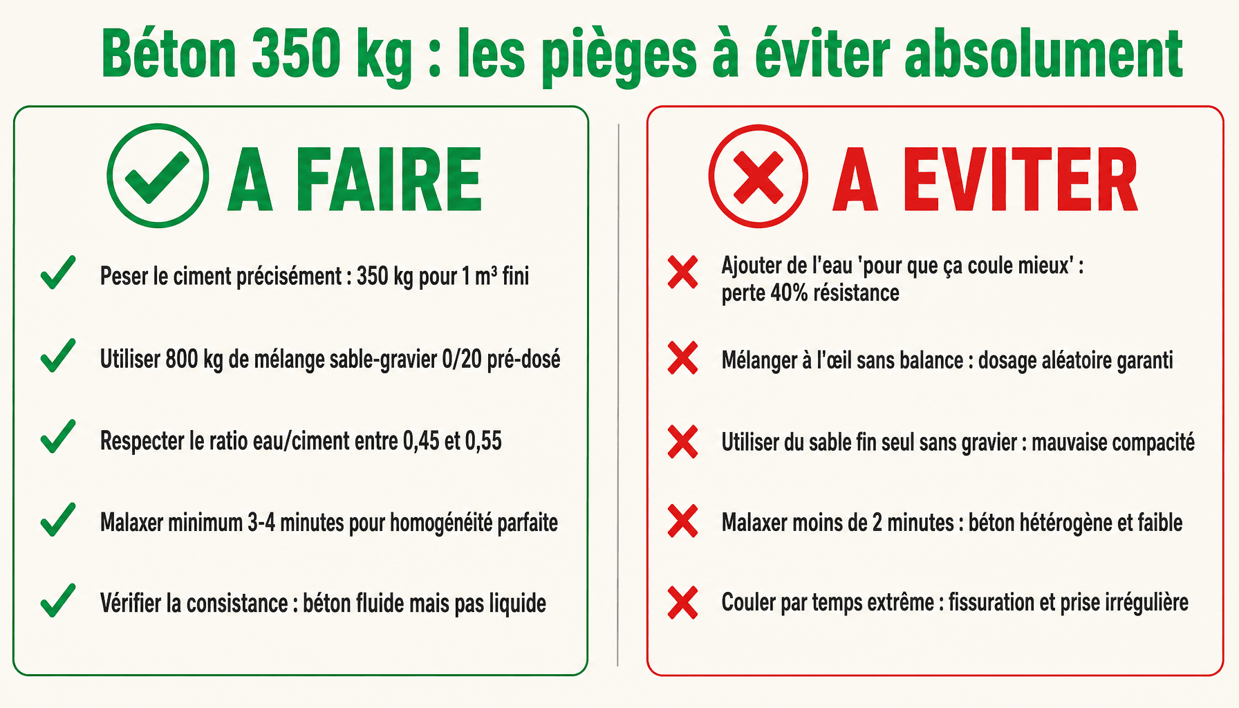 Infographie dosage béton 350 kg avec mélange sable gravier : erreurs à éviter et bonnes pratiques
