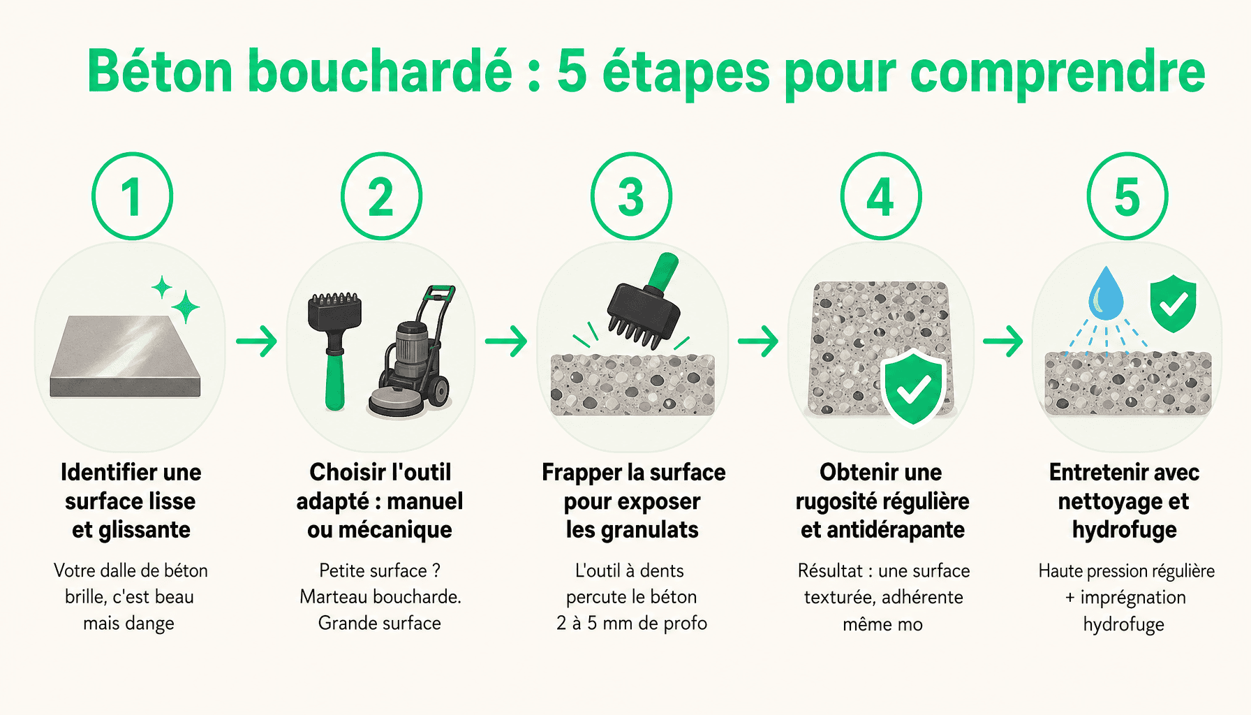 Infographie : processus de bouchardage du béton en 5 étapes pour obtenir une surface antidérapante