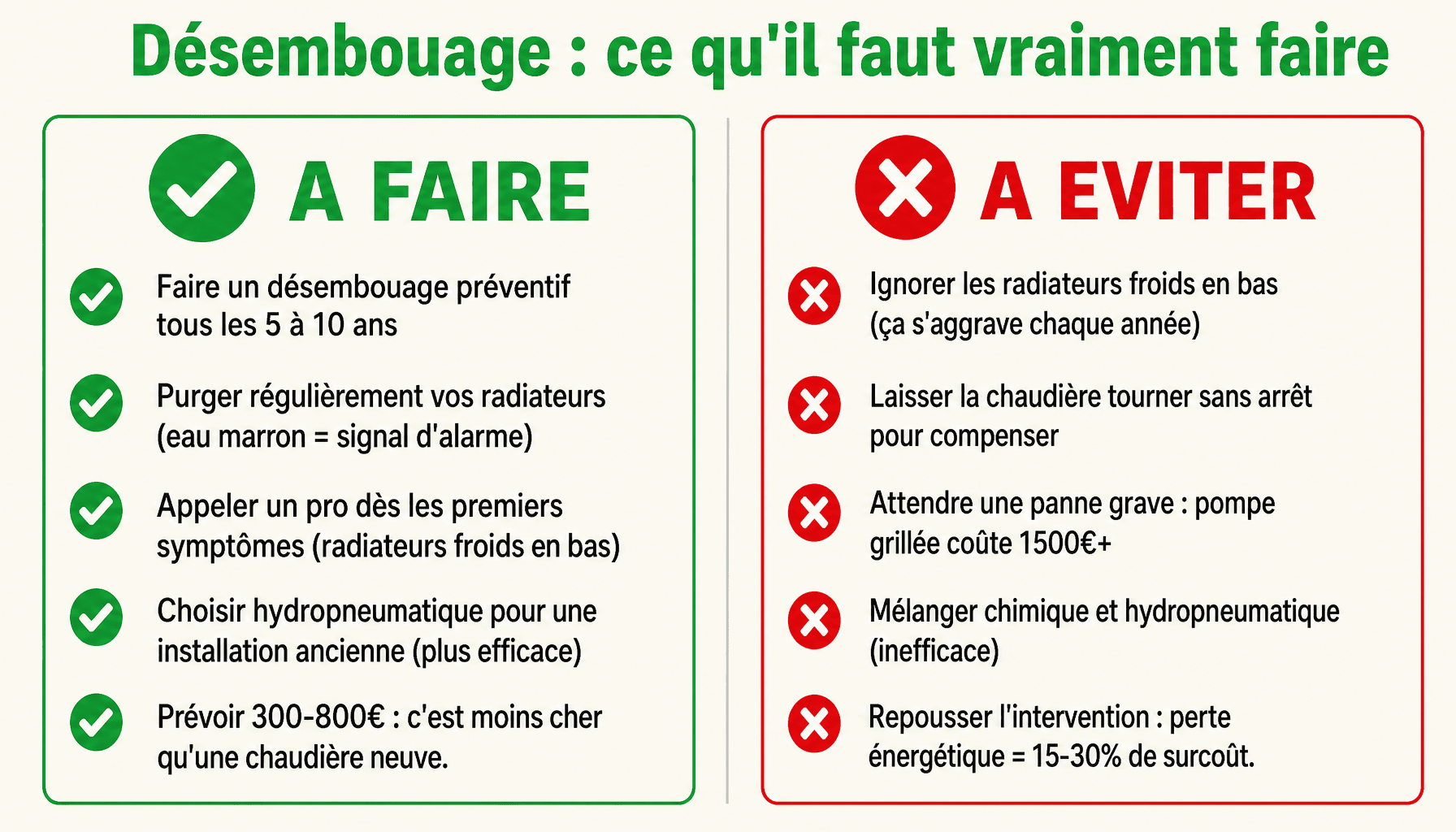 Infographie désembouage circuit de chauffage : bonnes pratiques et erreurs à éviter pour un chauffage efficace