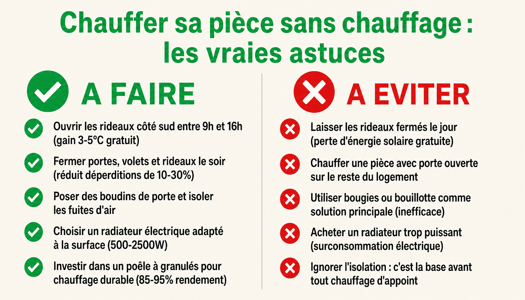 Infographie comment chauffer sa piece sans chauffage : 5 solutions efficaces à faire et erreurs à éviter