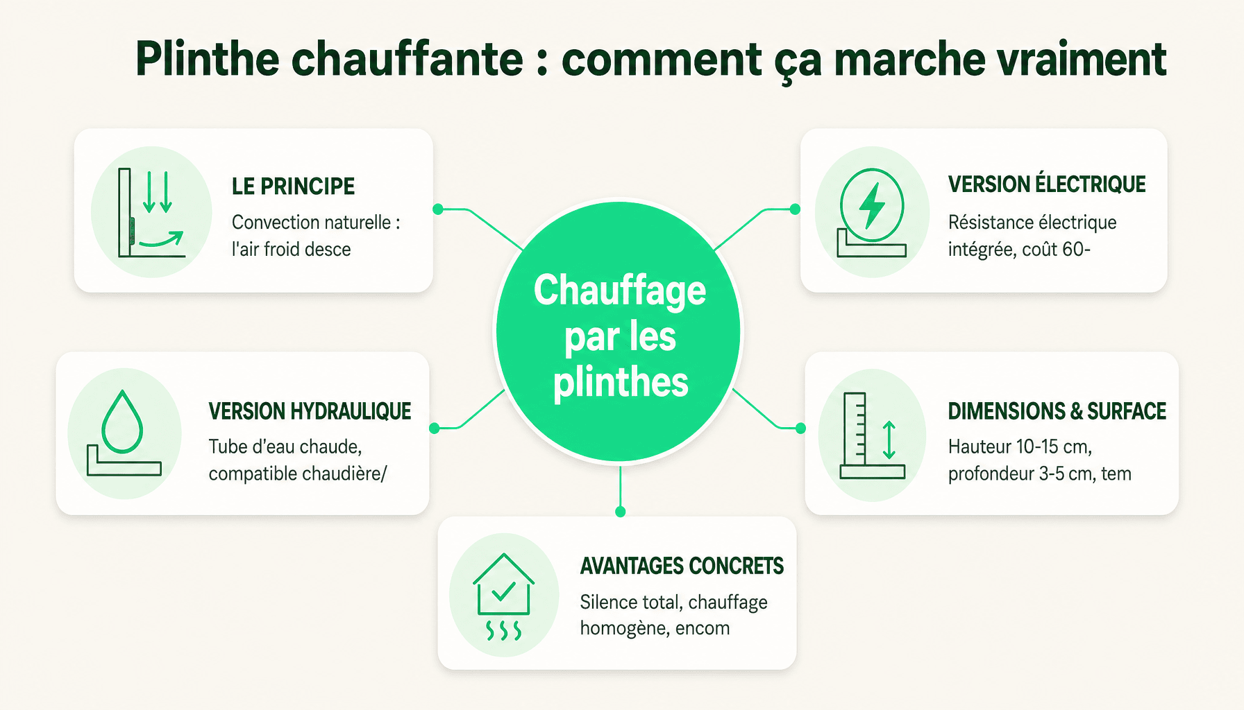 Infographie expliquant le fonctionnement du chauffage par les plinthes : convection, types électrique et hydraulique, dimensions et avantages pour débutants