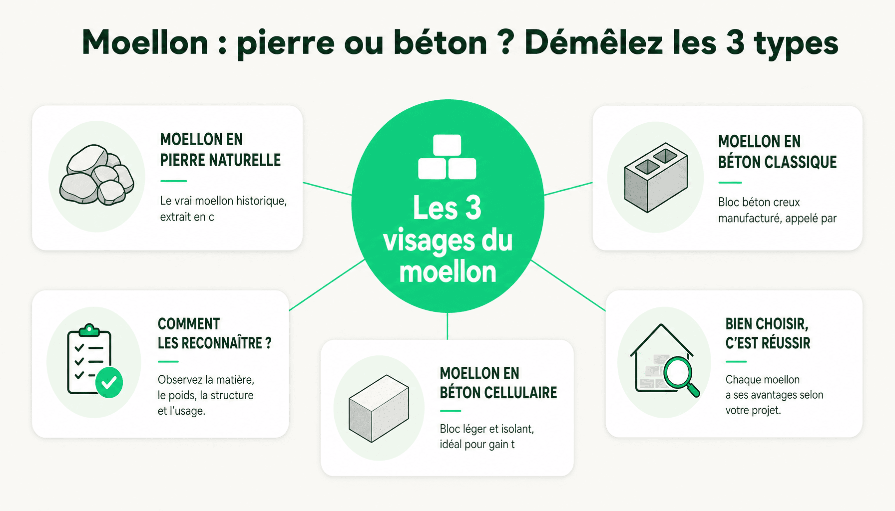 Infographie expliquant les 3 types de moellon : pierre naturelle, béton classique, béton cellulaire avec caractéristiques et usages