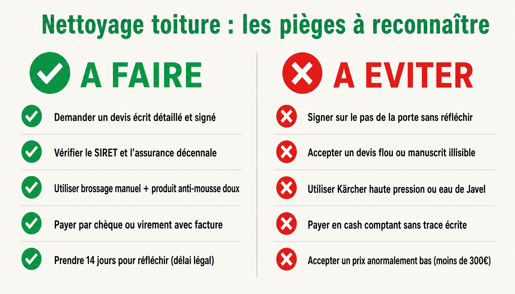 Infographie nettoyage toiture manouche : signaux d'alerte arnaque vs bonnes pratiques