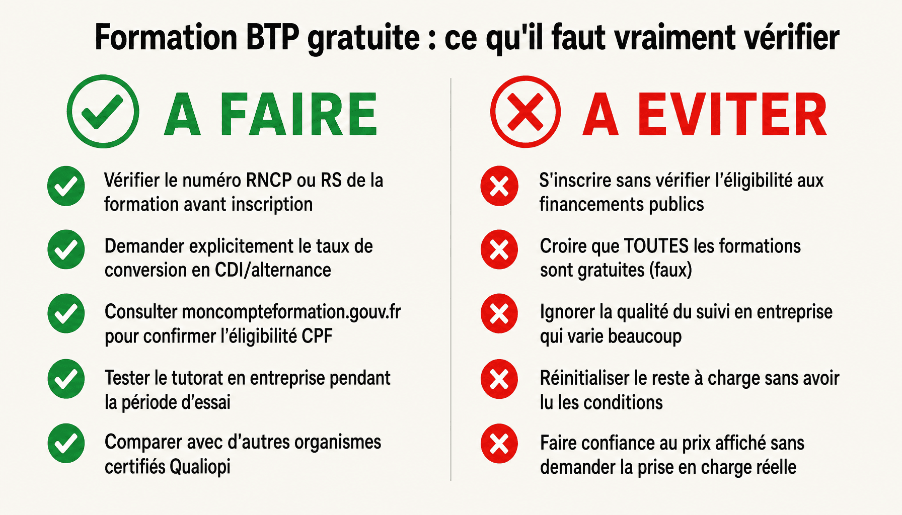 Infographie prix mon-institut-du-btp gratuit : checklist à faire et à éviter pour formation BTP sans frais