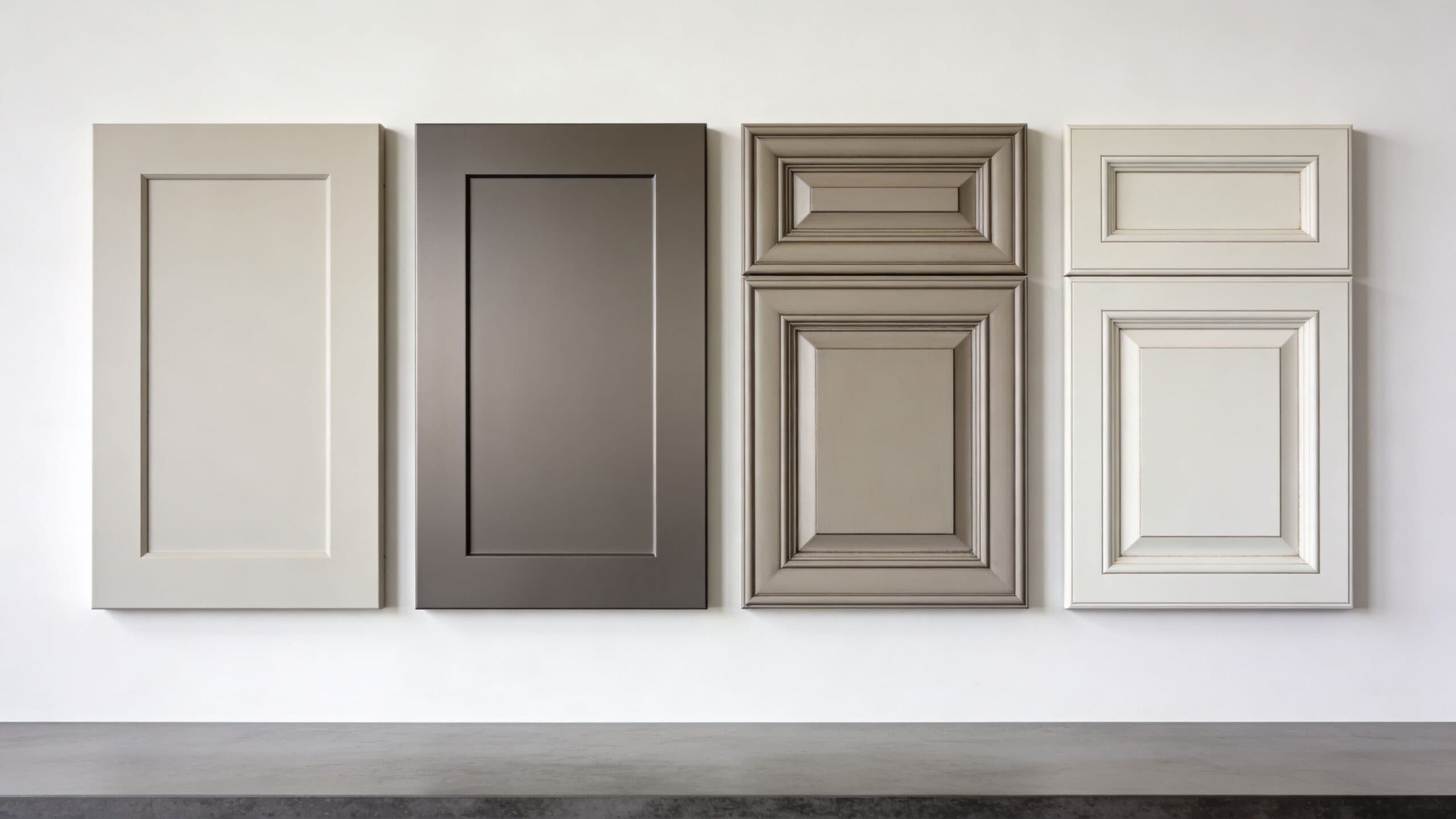 Four distinct cabinet door samples displayed on a wall showing various colors and design styles for renovation.