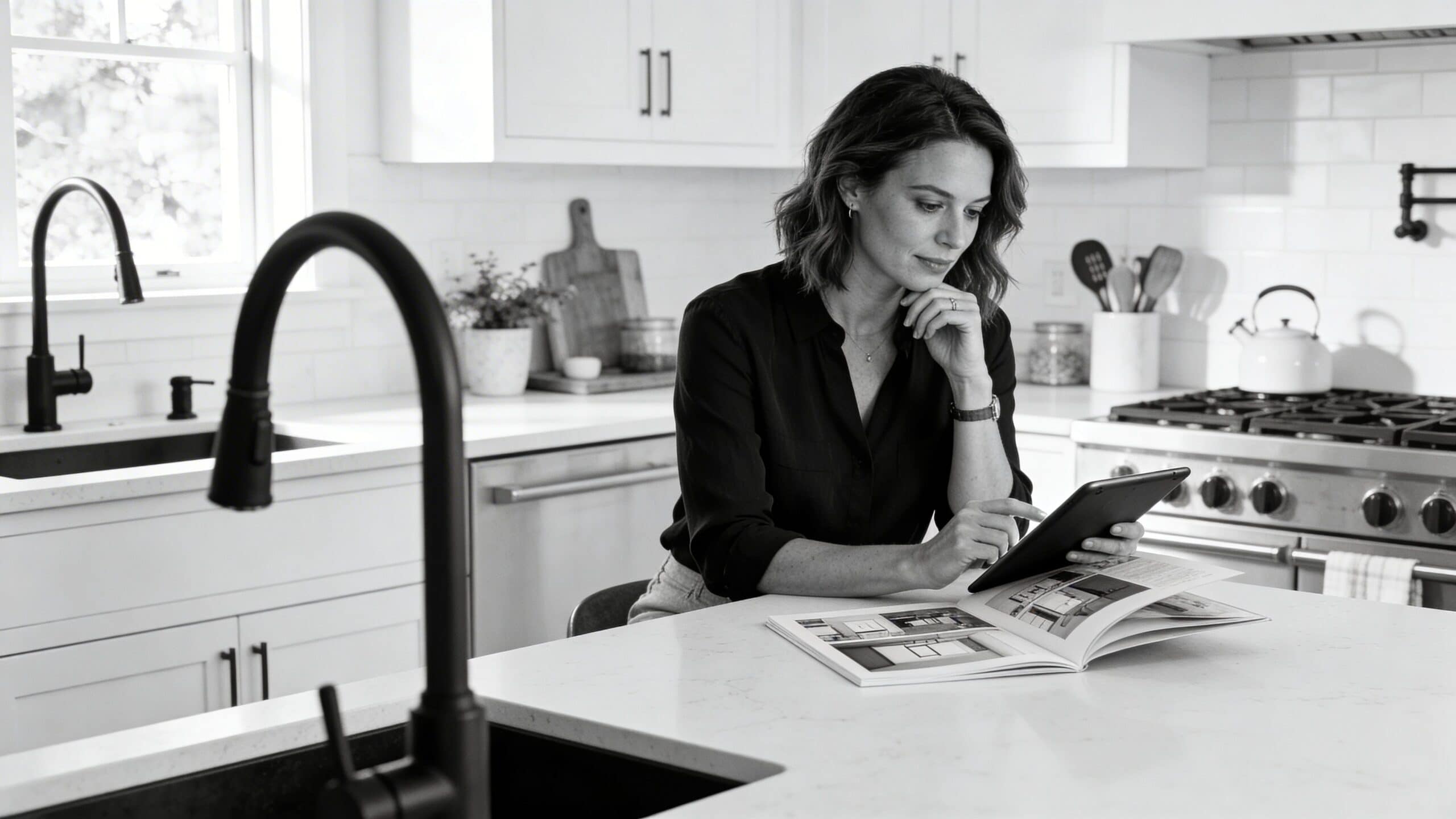 A woman in a dark shirt sitting at a modern white kitchen island using a digital tablet.