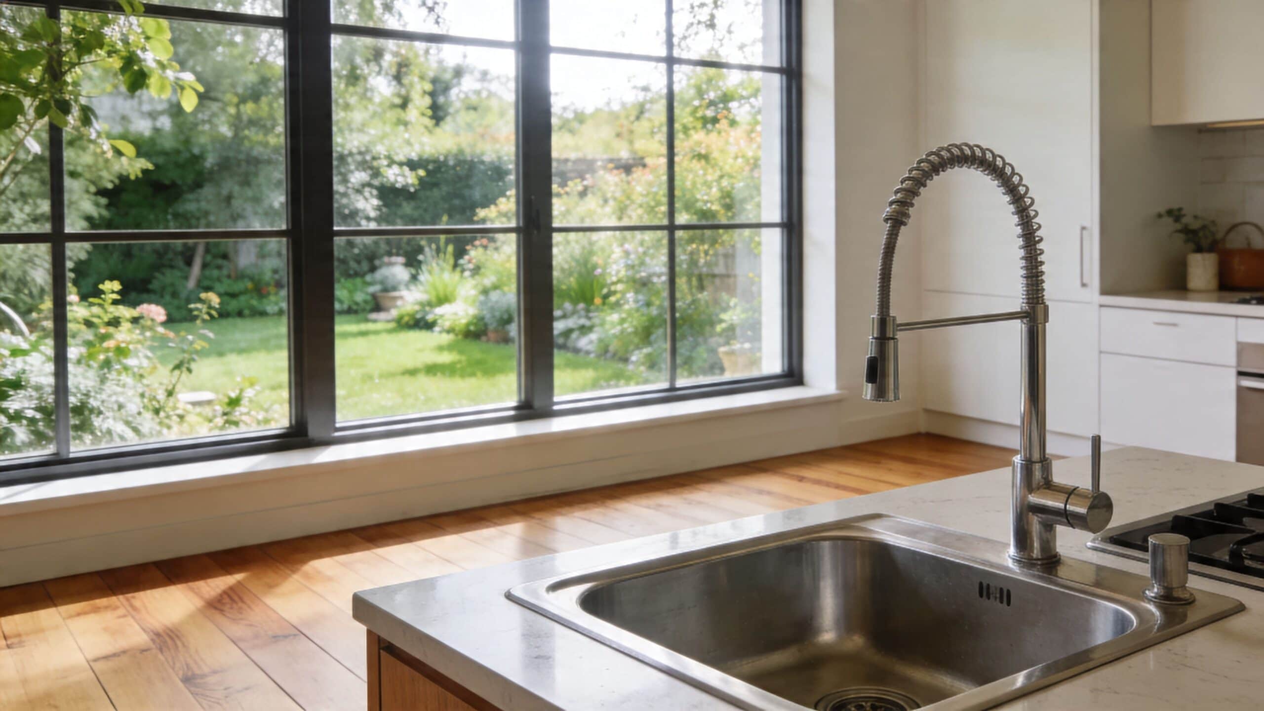 A modern kitchen sink with a metal faucet overlooking a lush green garden through large windows.